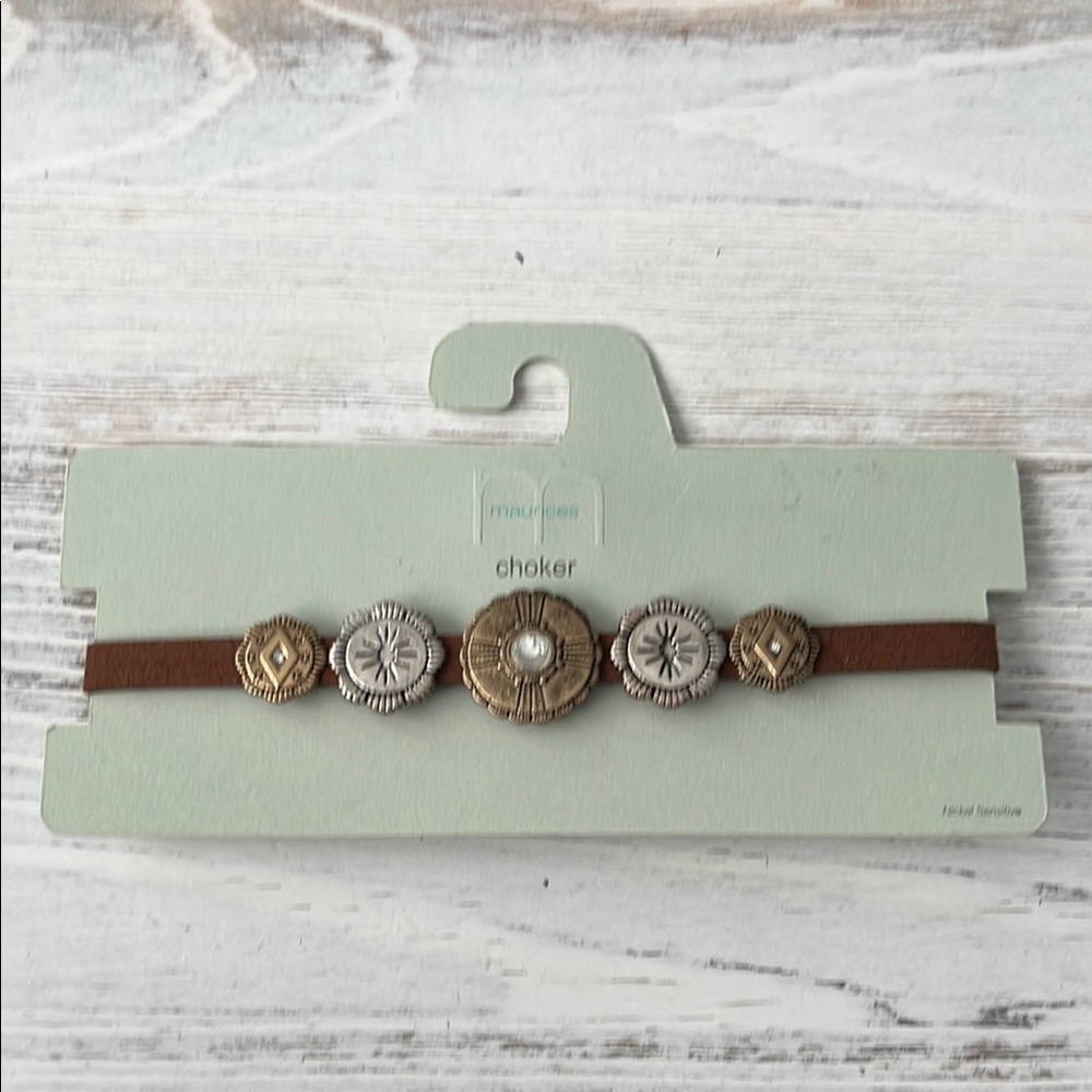 Maurices Brown Faux Leather Choker with Silver and Gold Medallions